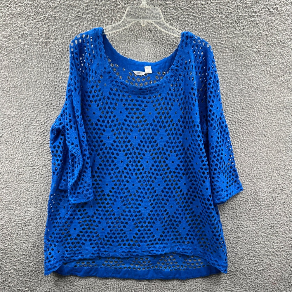 Womens Open Knit Sheer Tunic Top 3X Blue Indie Casual Lightweight Beach Layering